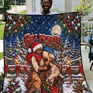 Bill Pickett Christmas Bull Rider Quilt Snowy Winter Western Rodeo Night Art