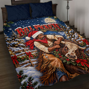 Bill Pickett Christmas Bull Rider Quilt Bed Set Snowy Winter Western Rodeo Night Art