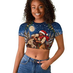 Bill Pickett Christmas Bull Rider Raglan Cropped T shirt Snowy Winter Western Rodeo Night Art