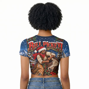 Bill Pickett Christmas Bull Rider Raglan Cropped T shirt Snowy Winter Western Rodeo Night Art
