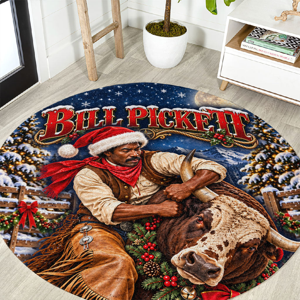 Bill Pickett Christmas Bull Rider Round Carpet Snowy Winter Western Rodeo Night Art