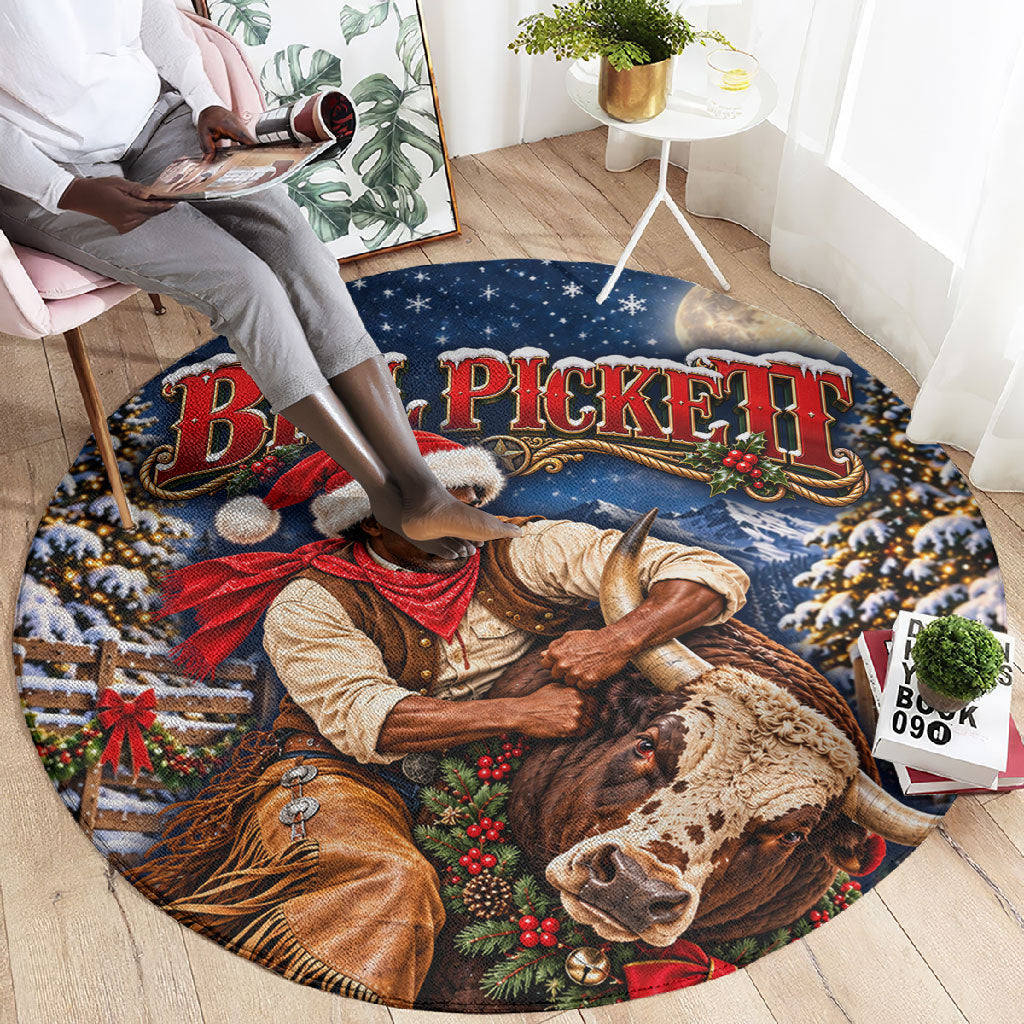 Bill Pickett Christmas Bull Rider Round Carpet Snowy Winter Western Rodeo Night Art