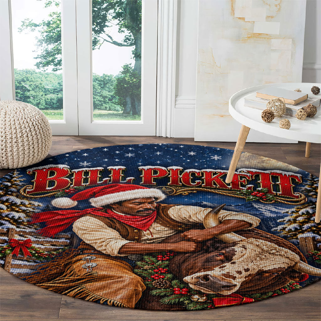 Bill Pickett Christmas Bull Rider Round Carpet Snowy Winter Western Rodeo Night Art