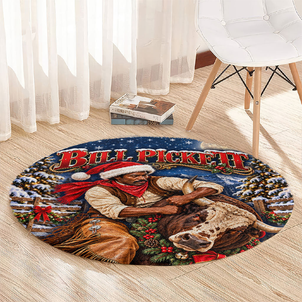 Bill Pickett Christmas Bull Rider Round Carpet Snowy Winter Western Rodeo Night Art