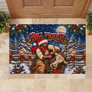 Bill Pickett Christmas Bull Rider Rubber Doormat Snowy Winter Western Rodeo Night Art