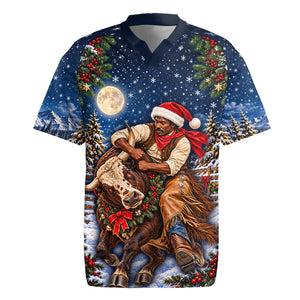 Bill Pickett Christmas Bull Rider Rugby Jersey Snowy Winter Western Rodeo Night Art