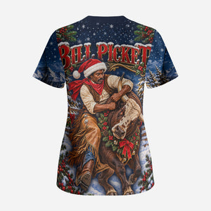 Bill Pickett Christmas Bull Rider Scrub Top Snowy Winter Western Rodeo Night Art