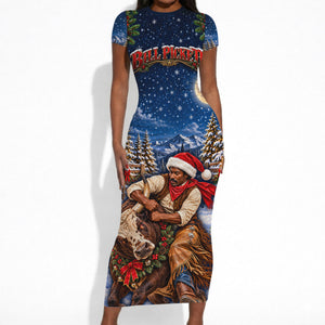 Bill Pickett Christmas Bull Rider Short Sleeve Bodycon Dress Snowy Winter Western Rodeo Night Art