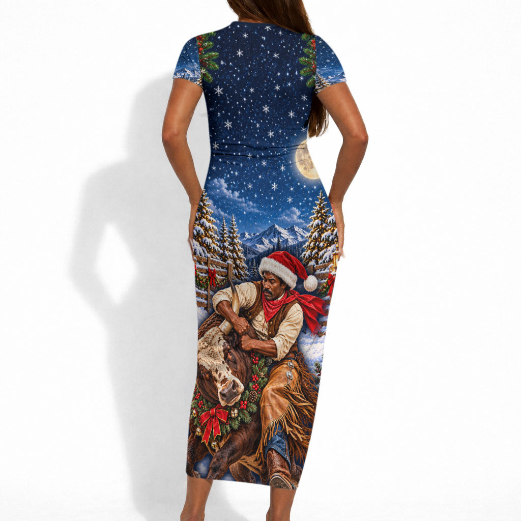 Bill Pickett Christmas Bull Rider Short Sleeve Bodycon Dress Snowy Winter Western Rodeo Night Art