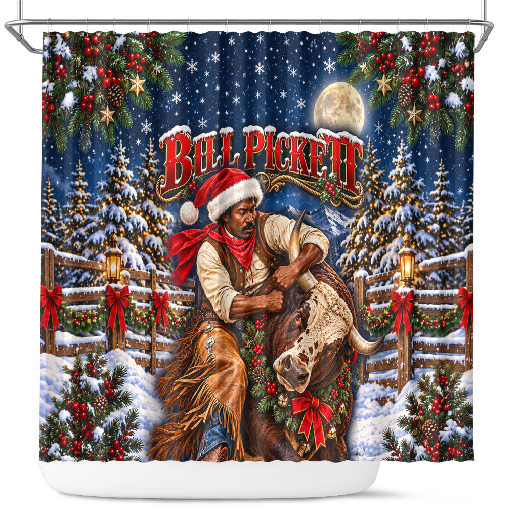 Bill Pickett Christmas Bull Rider Shower Curtain Snowy Winter Western Rodeo Night Art