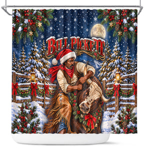 Bill Pickett Christmas Bull Rider Shower Curtain Snowy Winter Western Rodeo Night Art