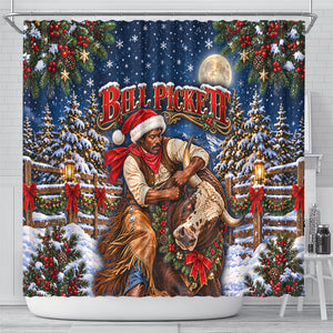 Bill Pickett Christmas Bull Rider Shower Curtain Snowy Winter Western Rodeo Night Art