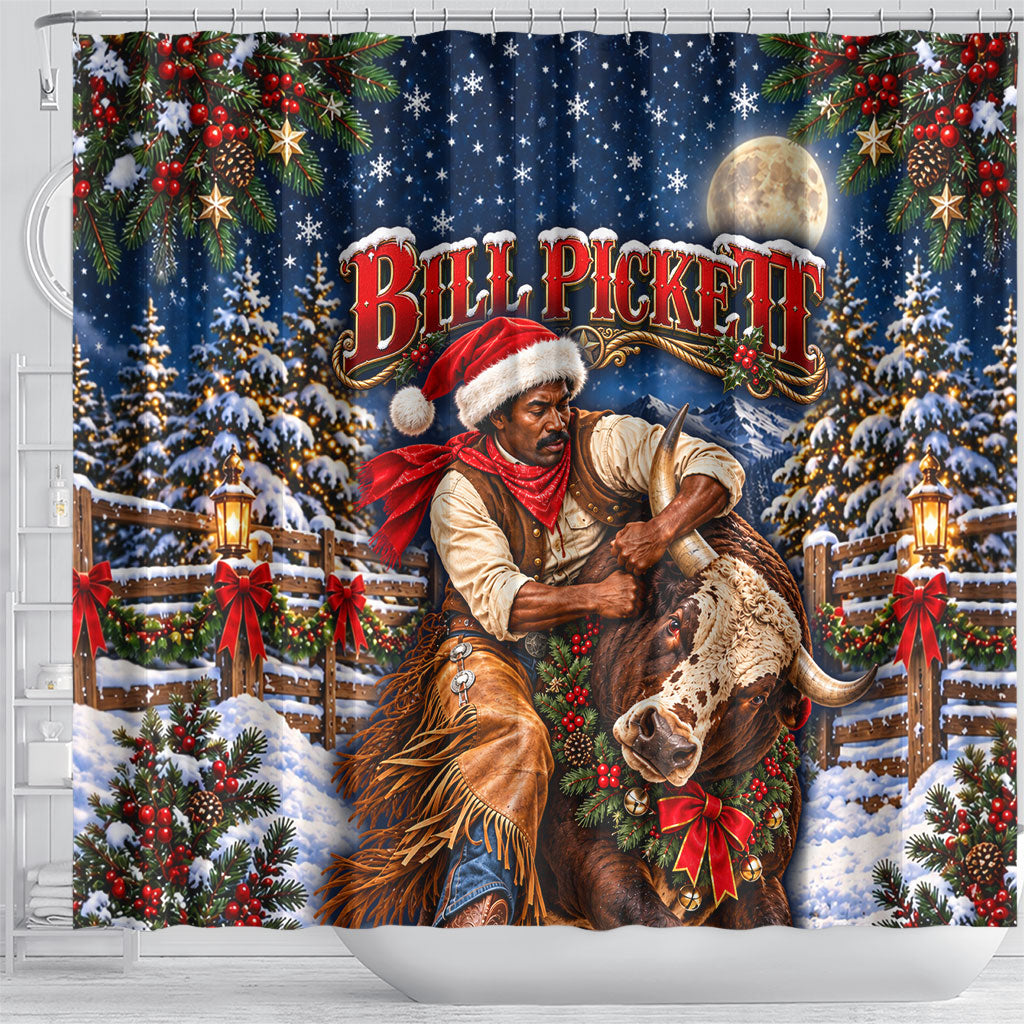 Bill Pickett Christmas Bull Rider Shower Curtain Snowy Winter Western Rodeo Night Art
