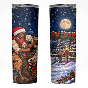 Bill Pickett Christmas Bull Rider Skinny Tumbler Snowy Winter Western Rodeo Night Art