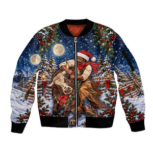 Bill Pickett Christmas Bull Rider Sleeve Zip Bomber Jacket Snowy Winter Western Rodeo Night Art