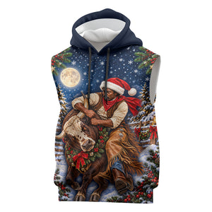 Bill Pickett Christmas Bull Rider Sleeveless Hoodie Snowy Winter Western Rodeo Night Art