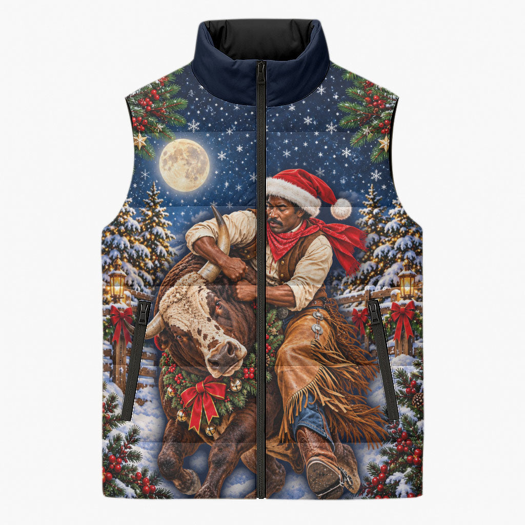 Bill Pickett Christmas Bull Rider Sleeveless Puffer Jacket Snowy Winter Western Rodeo Night Art