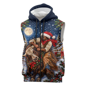 Bill Pickett Christmas Bull Rider Sleeveless Zip Hoodie Snowy Winter Western Rodeo Night Art