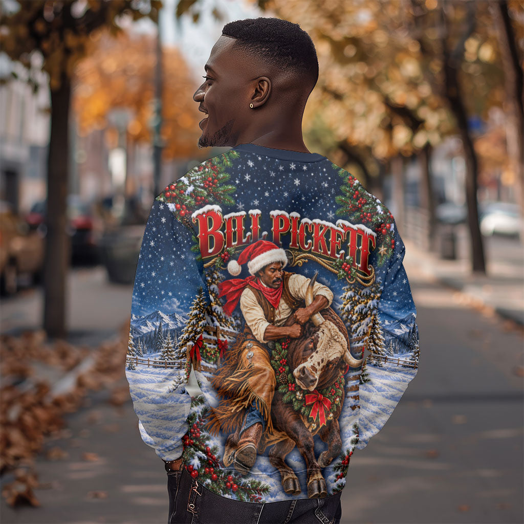 Bill Pickett Christmas Bull Rider Sweatshirt Snowy Winter Western Rodeo Night Art