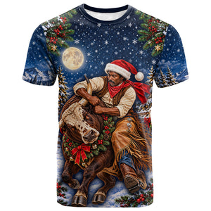 Bill Pickett Christmas Bull Rider T shirt Snowy Winter Western Rodeo Night Art