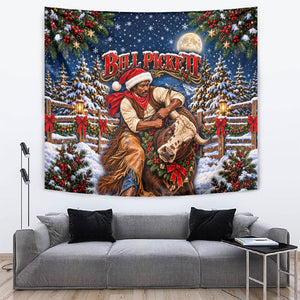 Bill Pickett Christmas Bull Rider Tapestry Snowy Winter Western Rodeo Night Art