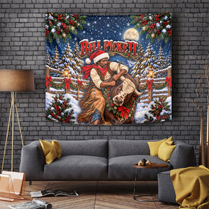 Bill Pickett Christmas Bull Rider Tapestry Snowy Winter Western Rodeo Night Art