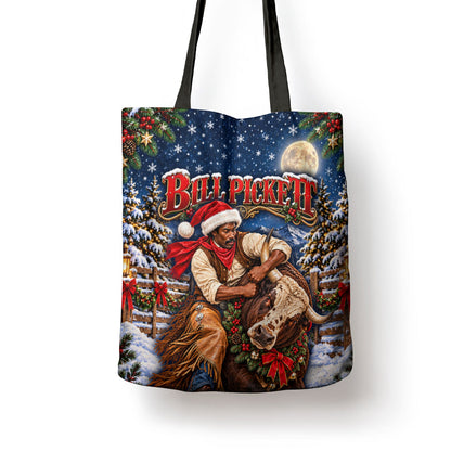 Bill Pickett Christmas Bull Rider Tote Bag Snowy Winter Western Rodeo Night Art
