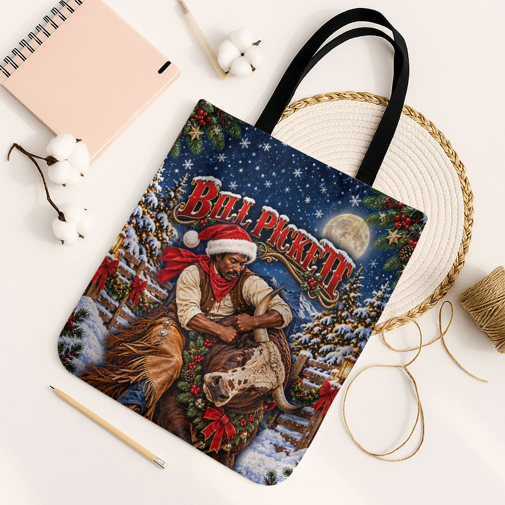 Bill Pickett Christmas Bull Rider Tote Bag Snowy Winter Western Rodeo Night Art
