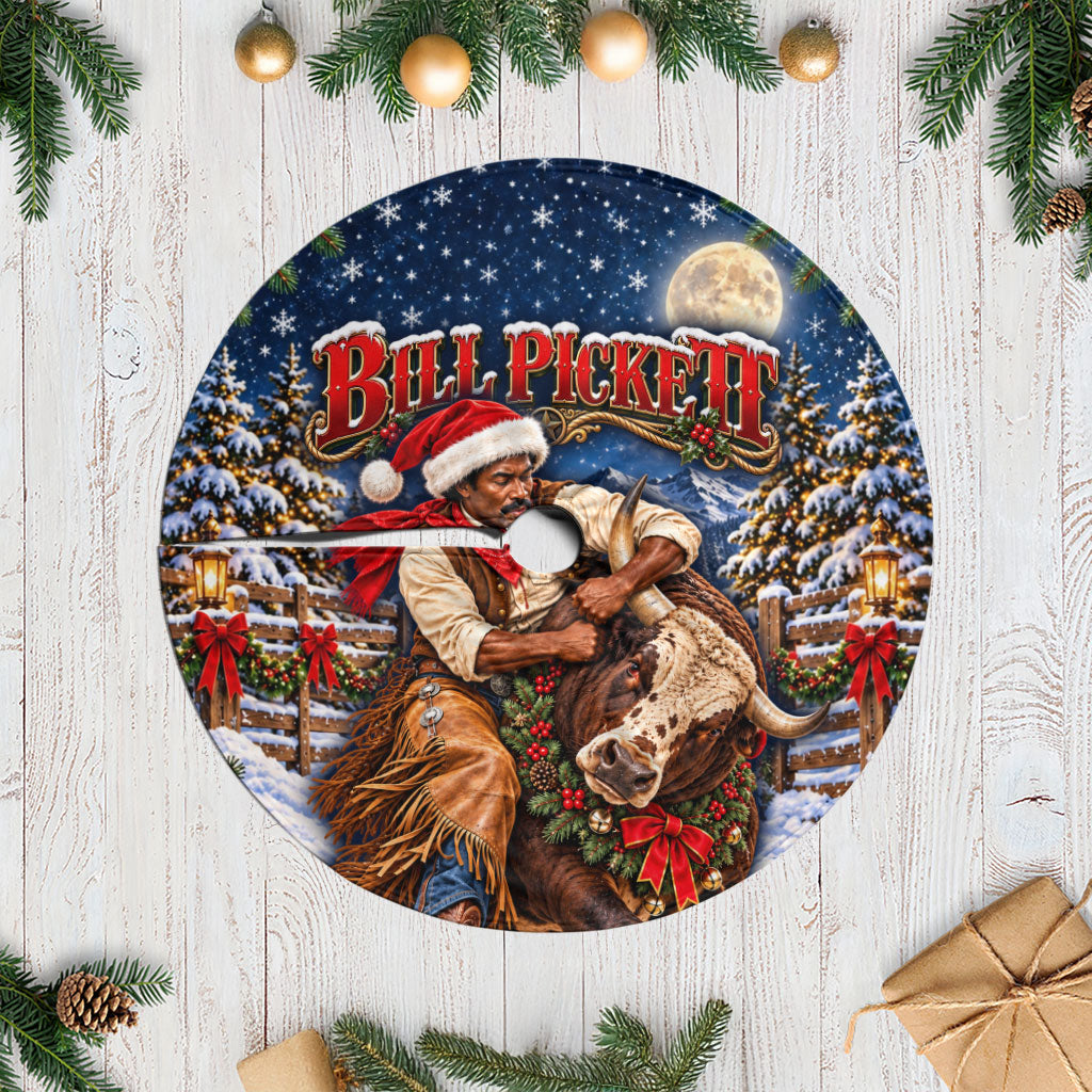 Bill Pickett Christmas Bull Rider Tree Skirt Snowy Winter Western Rodeo Night Art