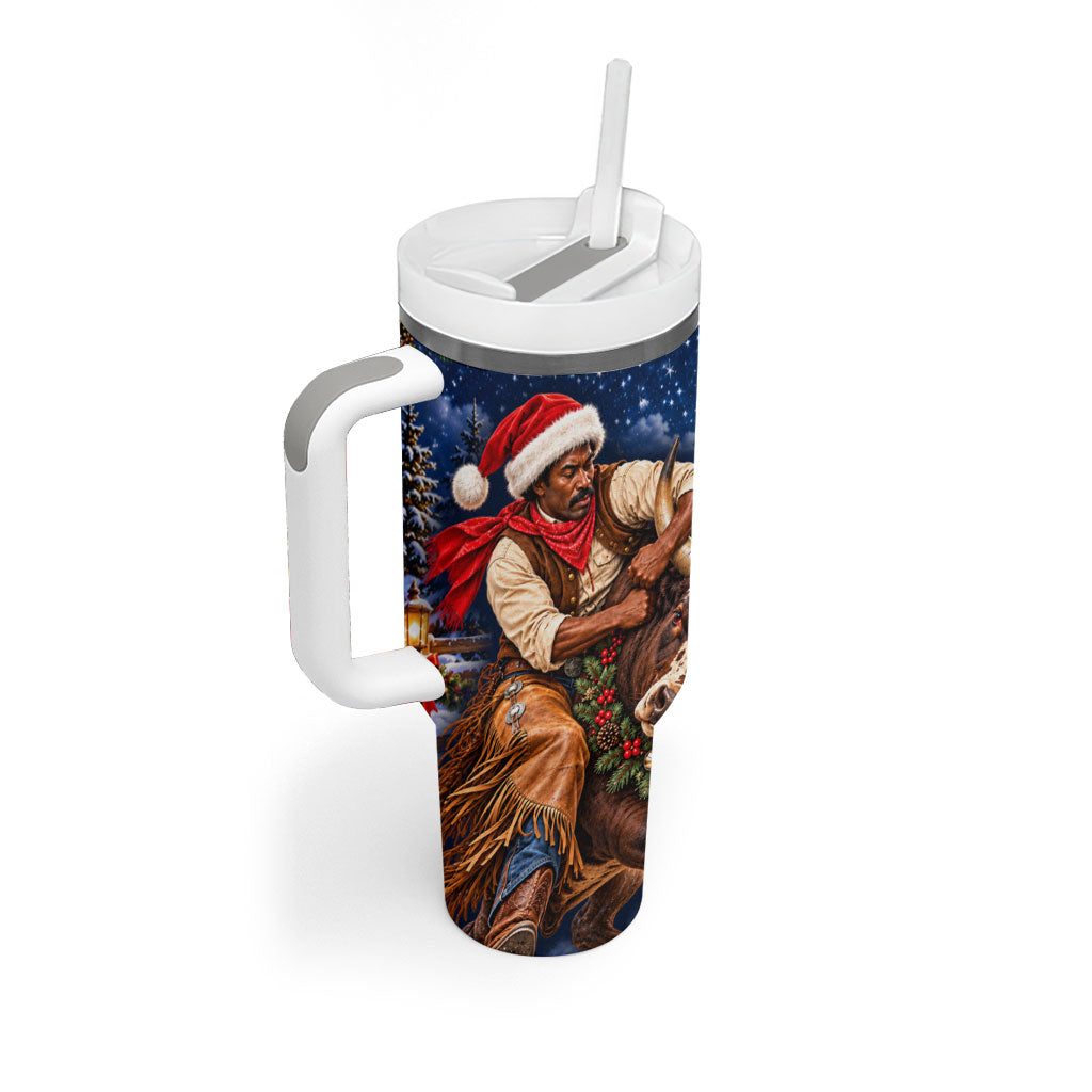 Bill Pickett Christmas Bull Rider Tumbler With Handle Snowy Winter Western Rodeo Night Art