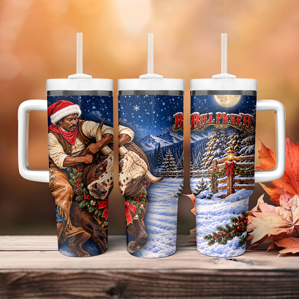 Bill Pickett Christmas Bull Rider Tumbler With Handle Snowy Winter Western Rodeo Night Art