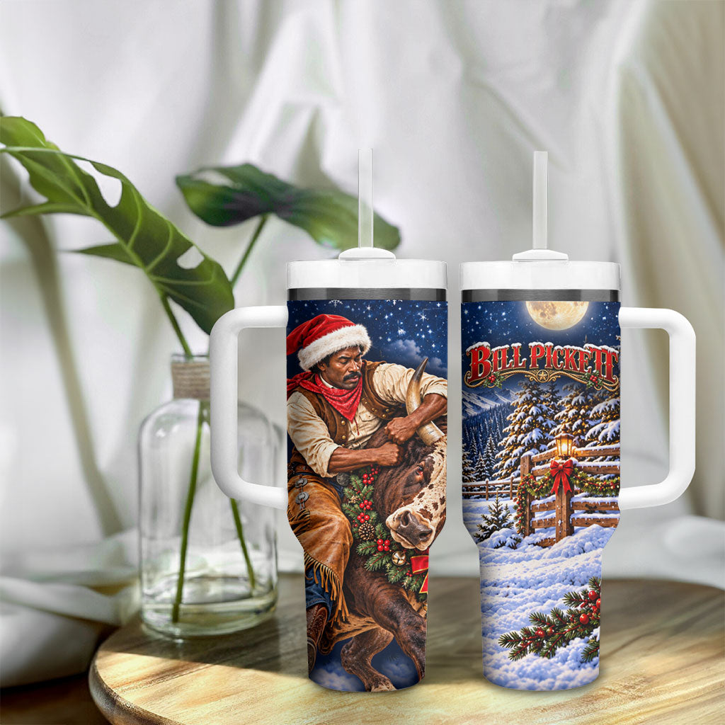 Bill Pickett Christmas Bull Rider Tumbler With Handle Snowy Winter Western Rodeo Night Art