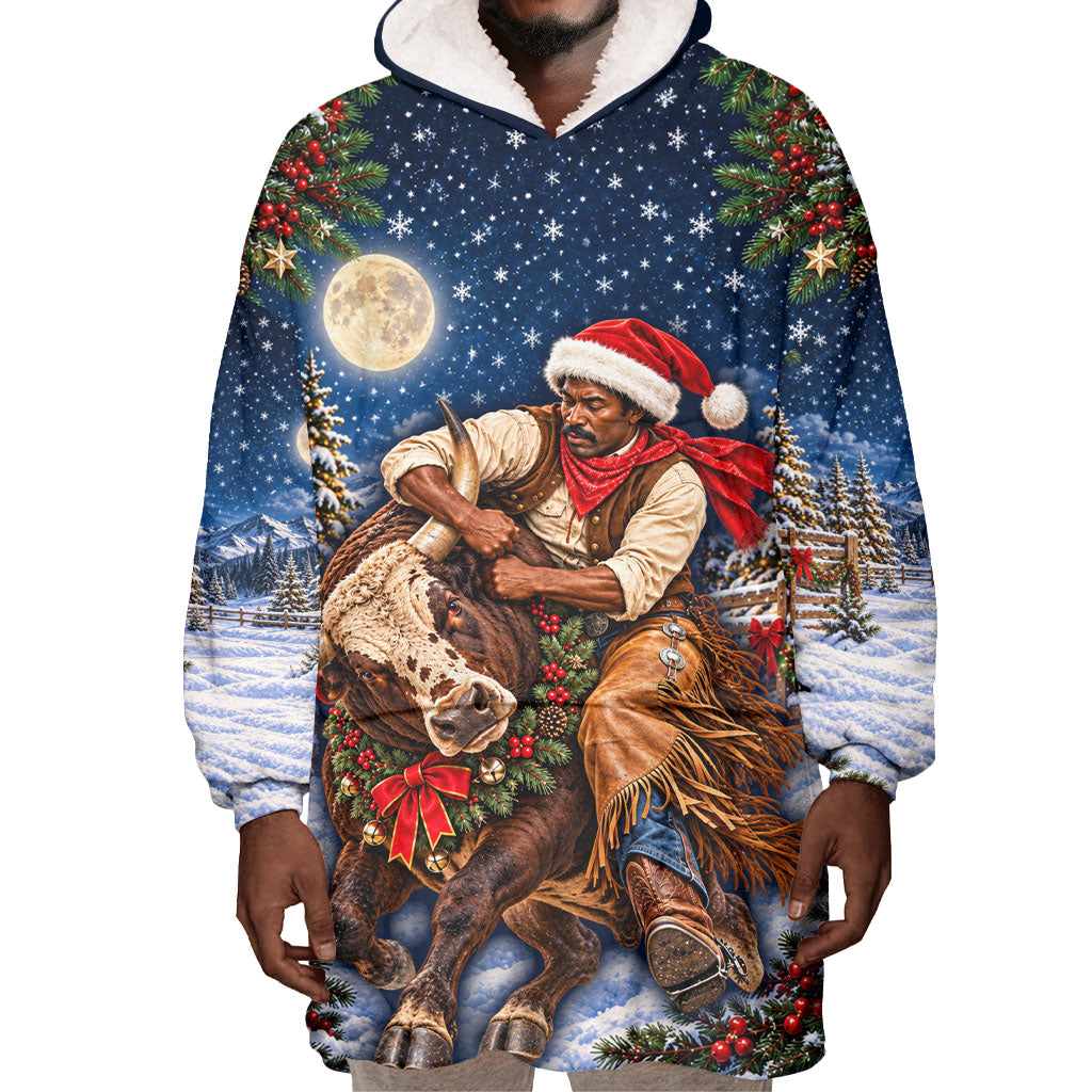 Bill Pickett Christmas Bull Rider Wearable Blanket Hoodie Snowy Winter Western Rodeo Night Art