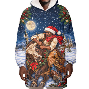 Bill Pickett Christmas Bull Rider Wearable Blanket Hoodie Snowy Winter Western Rodeo Night Art