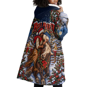 Bill Pickett Christmas Bull Rider Wearable Blanket Hoodie Snowy Winter Western Rodeo Night Art