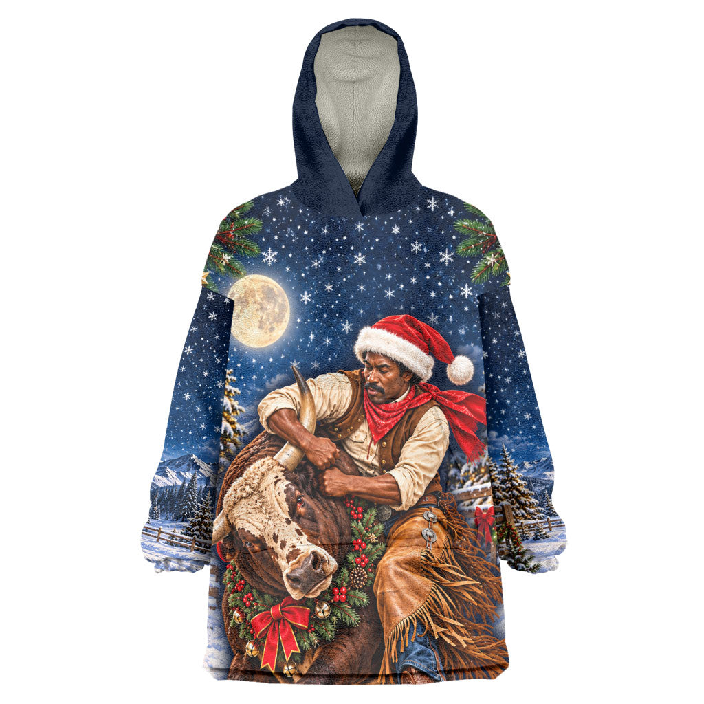 Bill Pickett Christmas Bull Rider Wearable Blanket Hoodie Snowy Winter Western Rodeo Night Art