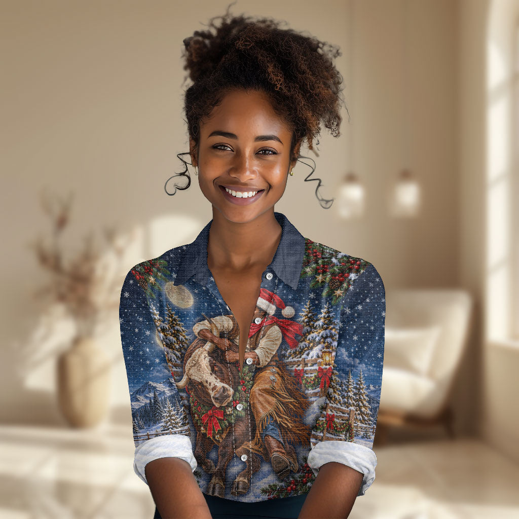 Bill Pickett Christmas Bull Rider Women Casual Shirt Snowy Winter Western Rodeo Night Art