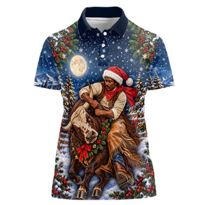 Bill Pickett Christmas Bull Rider Women Polo Shirt Snowy Winter Western Rodeo Night Art