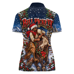 Bill Pickett Christmas Bull Rider Women Polo Shirt Snowy Winter Western Rodeo Night Art
