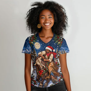 Bill Pickett Christmas Bull Rider Women V-Neck T-Shirt Snowy Winter Western Rodeo Night Art