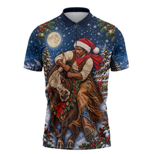 Bill Pickett Christmas Bull Rider Zipper Polo Shirt Snowy Winter Western Rodeo Night Art