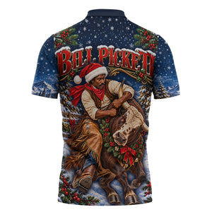 Bill Pickett Christmas Bull Rider Zipper Polo Shirt Snowy Winter Western Rodeo Night Art