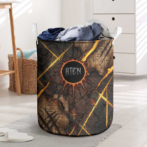 Aten Laundry Basket Ancient Egyptian Cracked Stone Hieroglyph, Solar Eclipse Emblem, and Radiant Sunburst - African Pride
