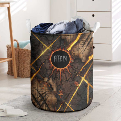 Aten Laundry Basket Ancient Egyptian Cracked Stone Hieroglyph, Solar Eclipse Emblem, and Radiant Sunburst - African Pride