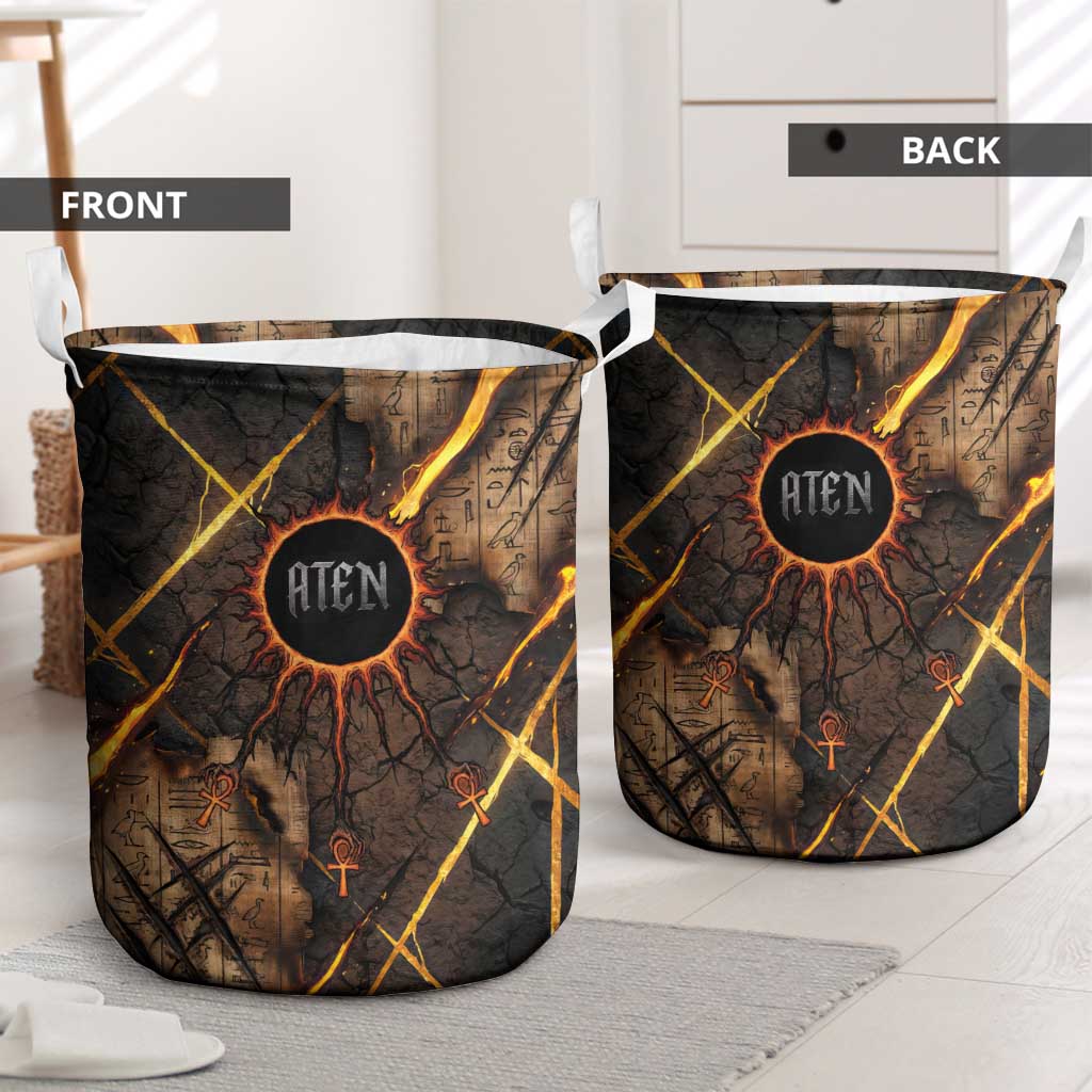 Aten Laundry Basket Ancient Egyptian Cracked Stone Hieroglyph, Solar Eclipse Emblem, and Radiant Sunburst - African Pride