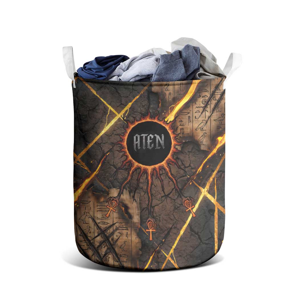 Aten Laundry Basket Ancient Egyptian Cracked Stone Hieroglyph, Solar Eclipse Emblem, and Radiant Sunburst - African Pride