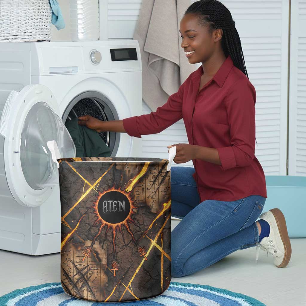 Aten Laundry Basket Ancient Egyptian Cracked Stone Hieroglyph, Solar Eclipse Emblem, and Radiant Sunburst - African Pride