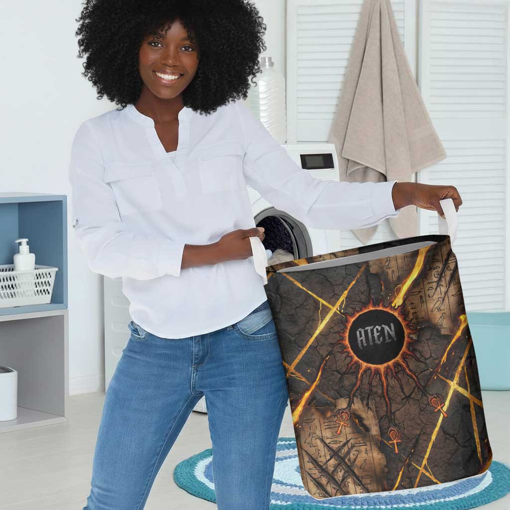 Aten Laundry Basket Ancient Egyptian Cracked Stone Hieroglyph, Solar Eclipse Emblem, and Radiant Sunburst - African Pride