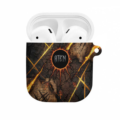 Aten AirPods Case Ancient Egyptian Cracked Stone Hieroglyph, Solar Eclipse Emblem, and Radiant Sunburst - African Pride