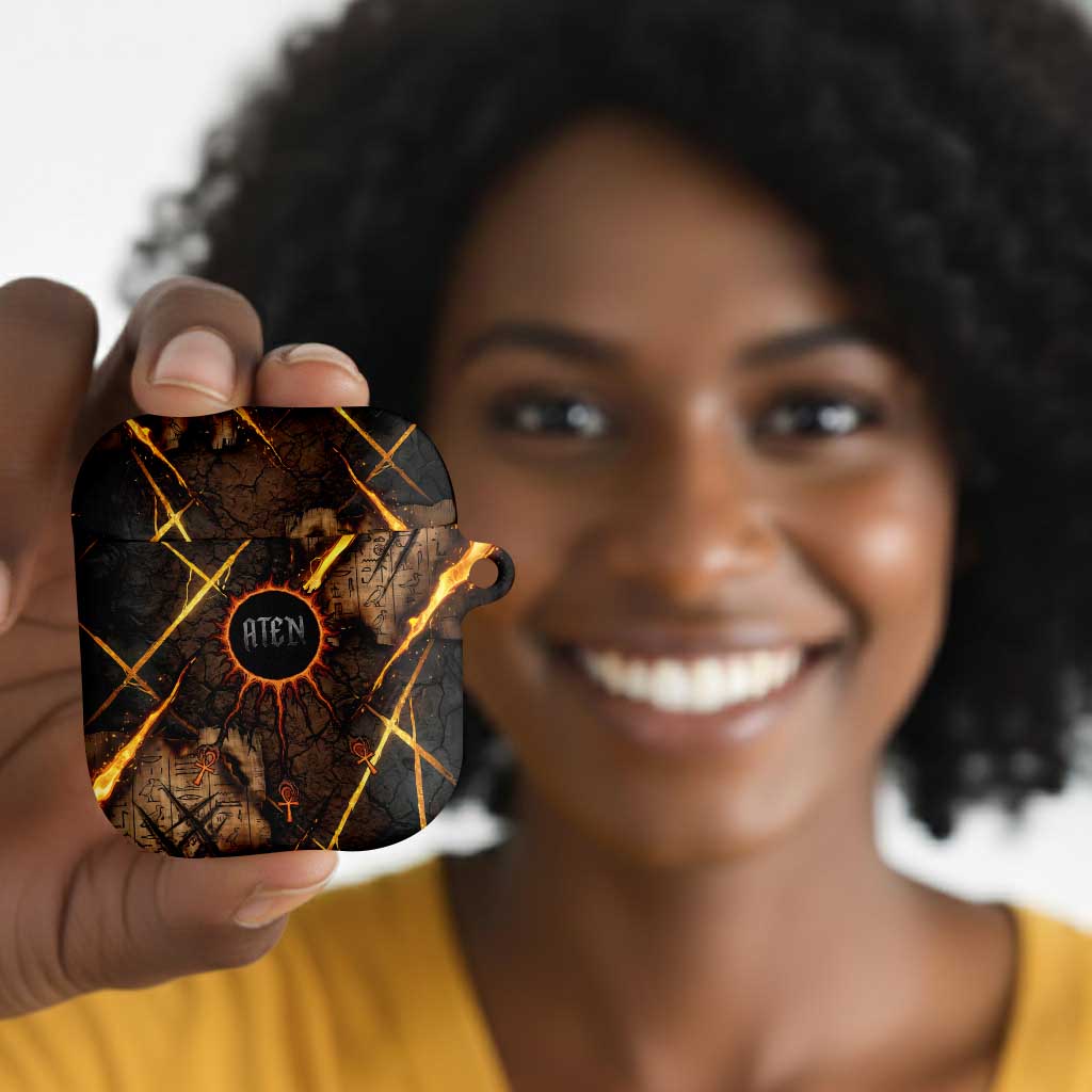 Aten AirPods Case Ancient Egyptian Cracked Stone Hieroglyph, Solar Eclipse Emblem, and Radiant Sunburst - African Pride